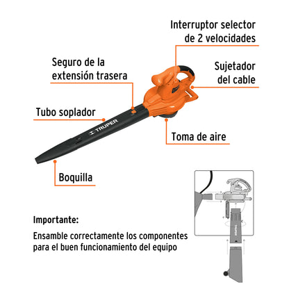 Sopladora y aspiradora TRUPER de 1,440 W con bolsa recolectora. Ideal para limpieza de jardines, talleres y espacios exteriores.