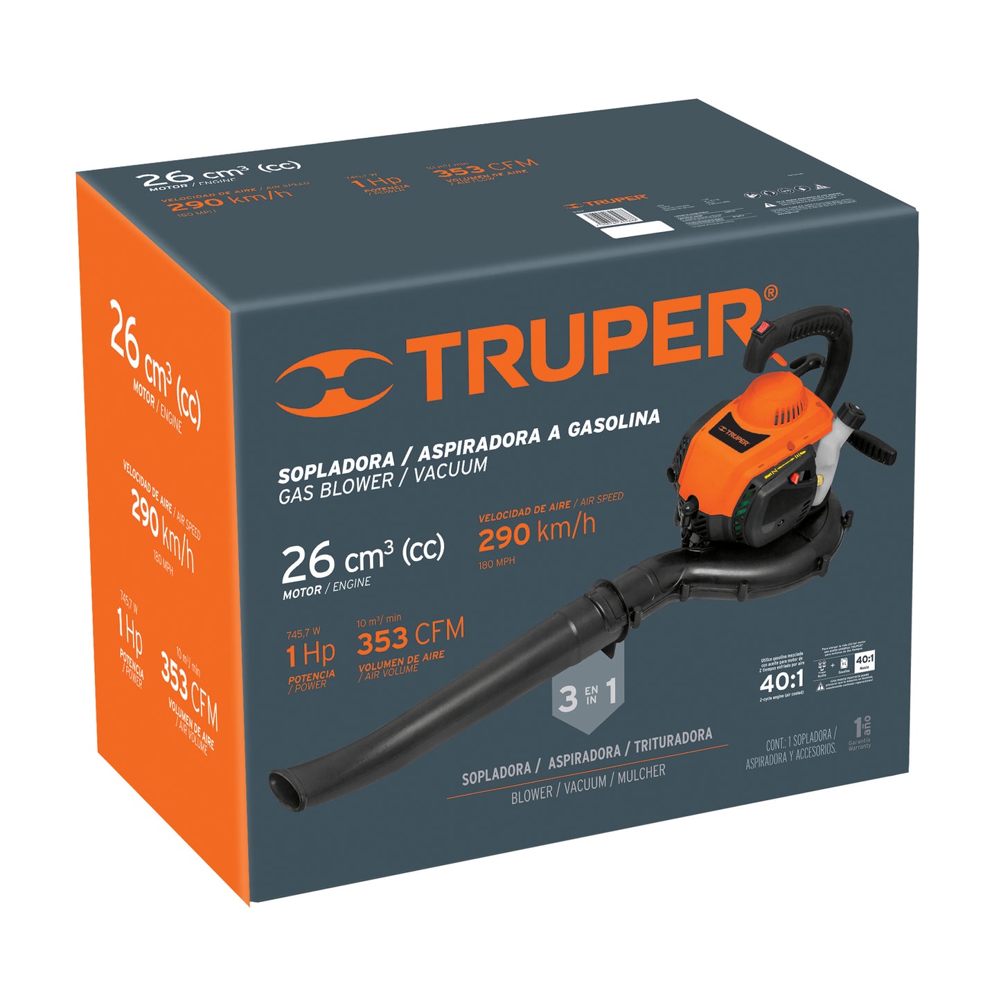 Sopladora aspiradora TRUPER 26 cc a gasolina, sin restricción de cable. Motor de alto torque para jardín, obra y limpieza exterior.