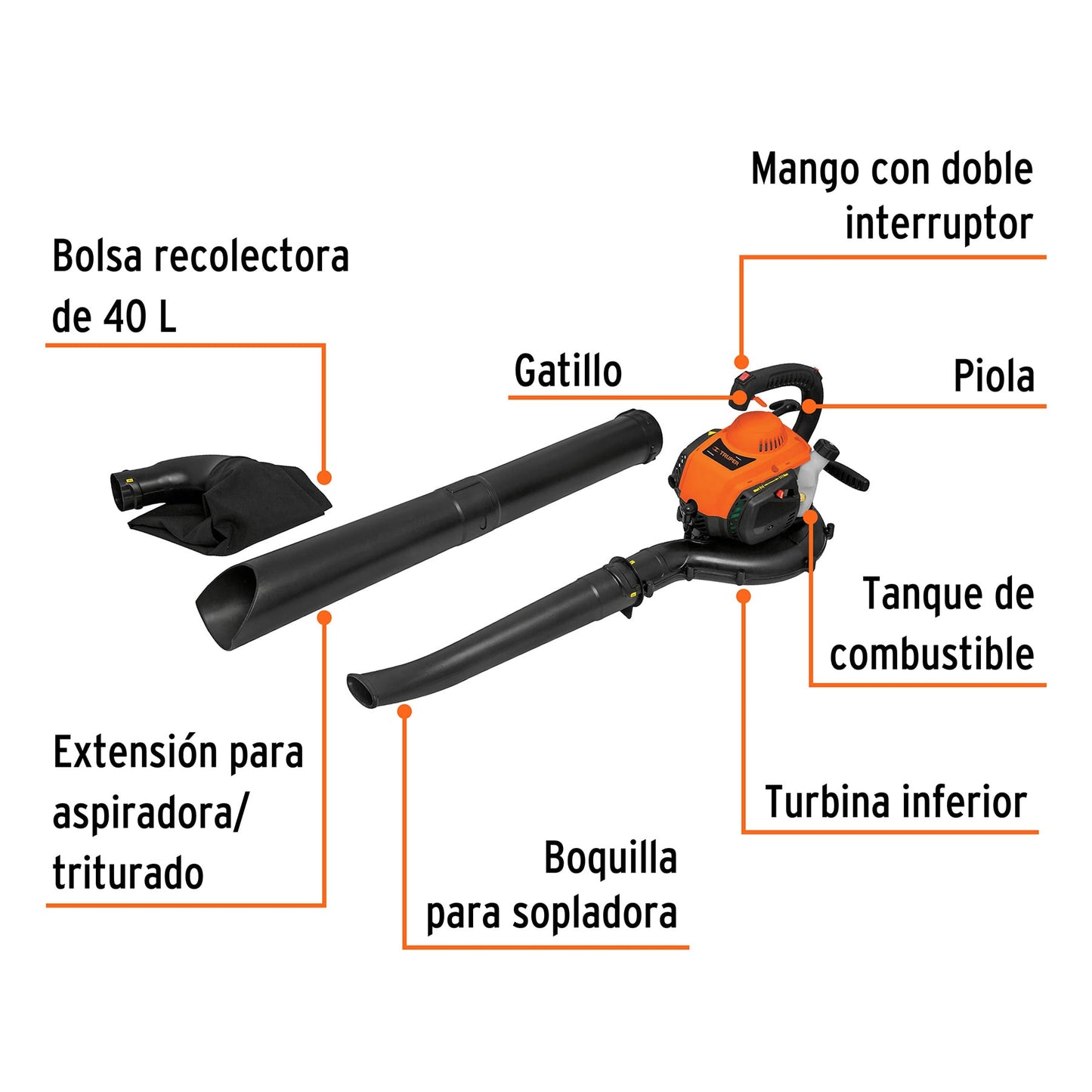 Sopladora aspiradora TRUPER 26 cc a gasolina, sin restricción de cable. Motor de alto torque para jardín, obra y limpieza exterior.