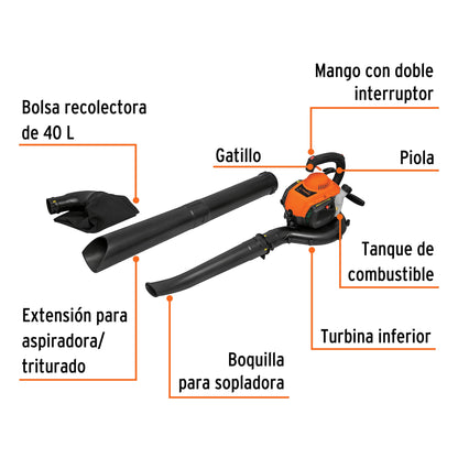 Sopladora aspiradora TRUPER 26 cc a gasolina, sin restricción de cable. Motor de alto torque para jardín, obra y limpieza exterior.