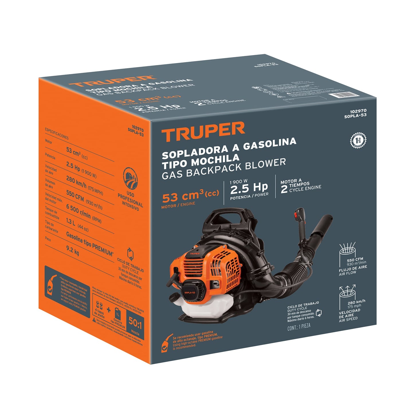 Sopladora tipo Mochila a Gasolina 53cc TRUPER – Alta Potencia para Jardín y Obra