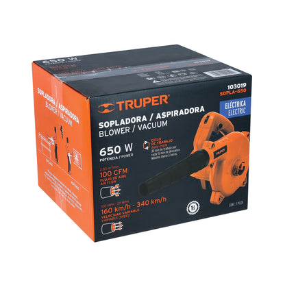 Sopladora y aspiradora eléctrica Truper 650W, ideal para taller y jardín. Potente, versátil y fácil de usar.