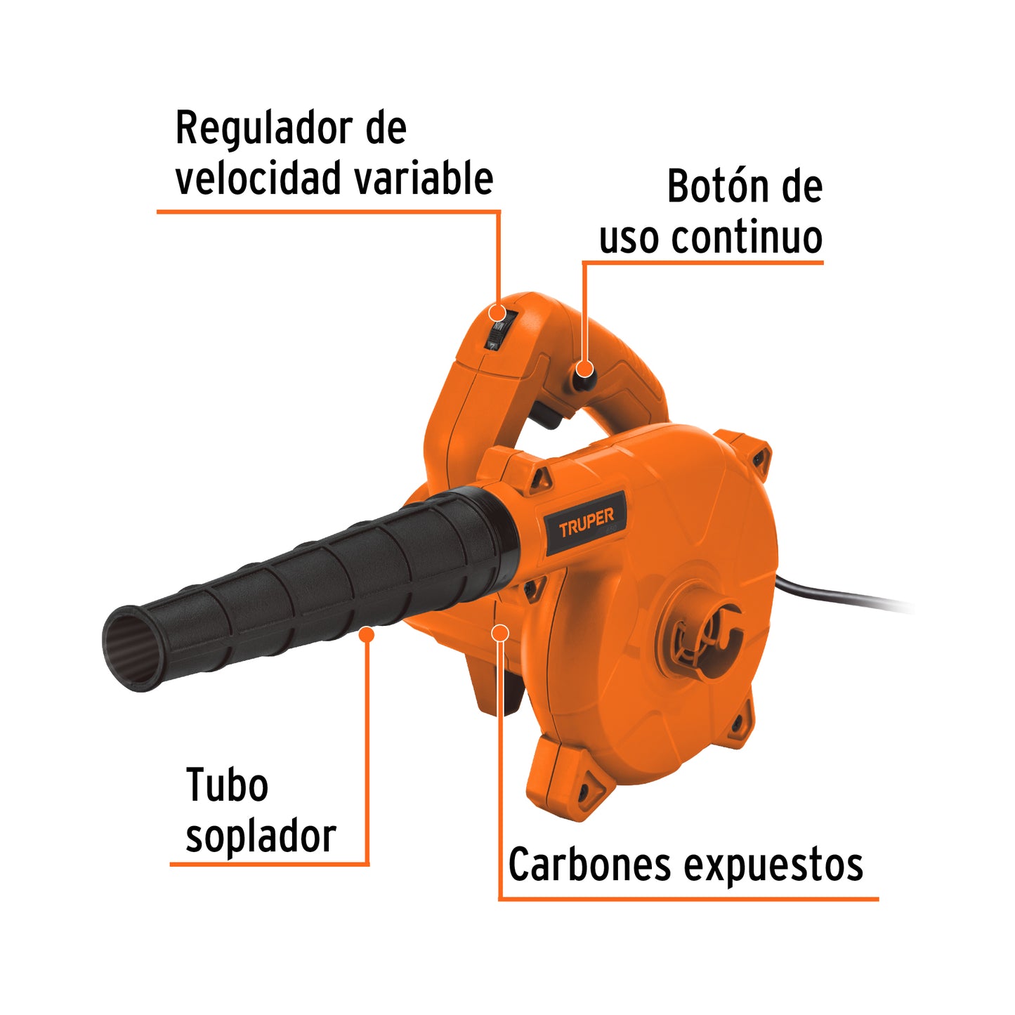 Sopladora y aspiradora eléctrica Truper 650W, ideal para taller y jardín. Potente, versátil y fácil de usar.