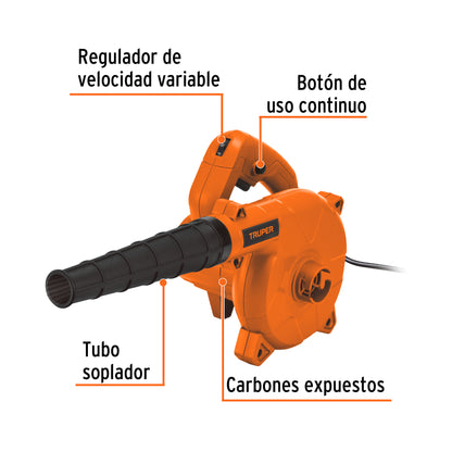 Sopladora y aspiradora eléctrica Truper 650W, ideal para taller y jardín. Potente, versátil y fácil de usar.
