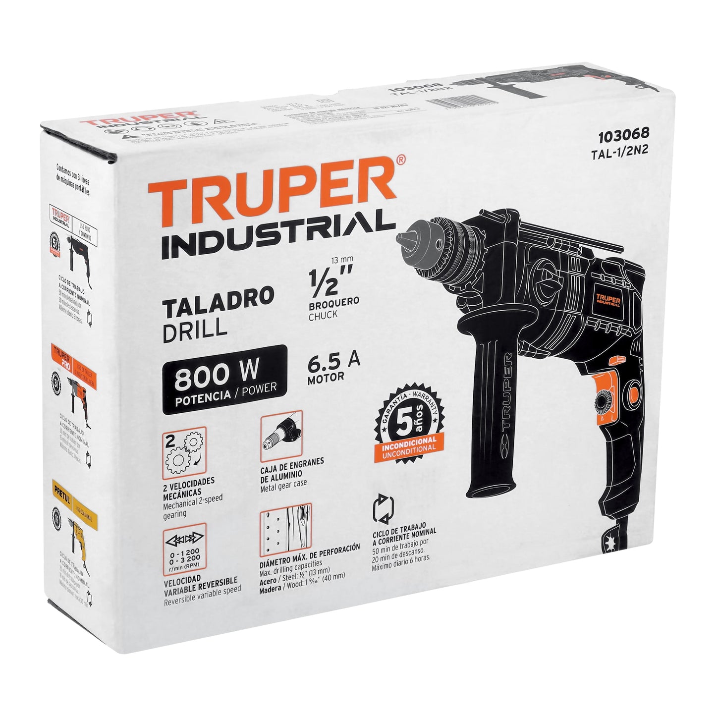 Taladro 1/2", 800W dos velocidades, TRUPER INDUSTRIAL