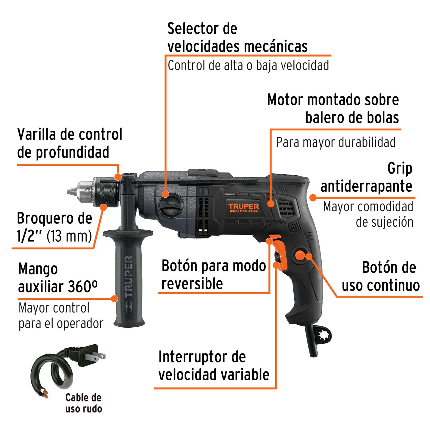 Taladro 1/2", 800W dos velocidades, TRUPER INDUSTRIAL