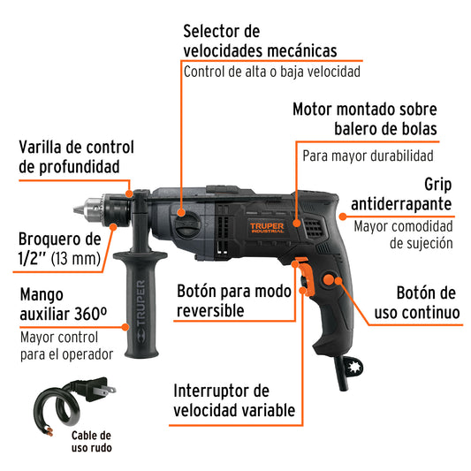Taladro 1/2", 800W dos velocidades, TRUPER INDUSTRIAL