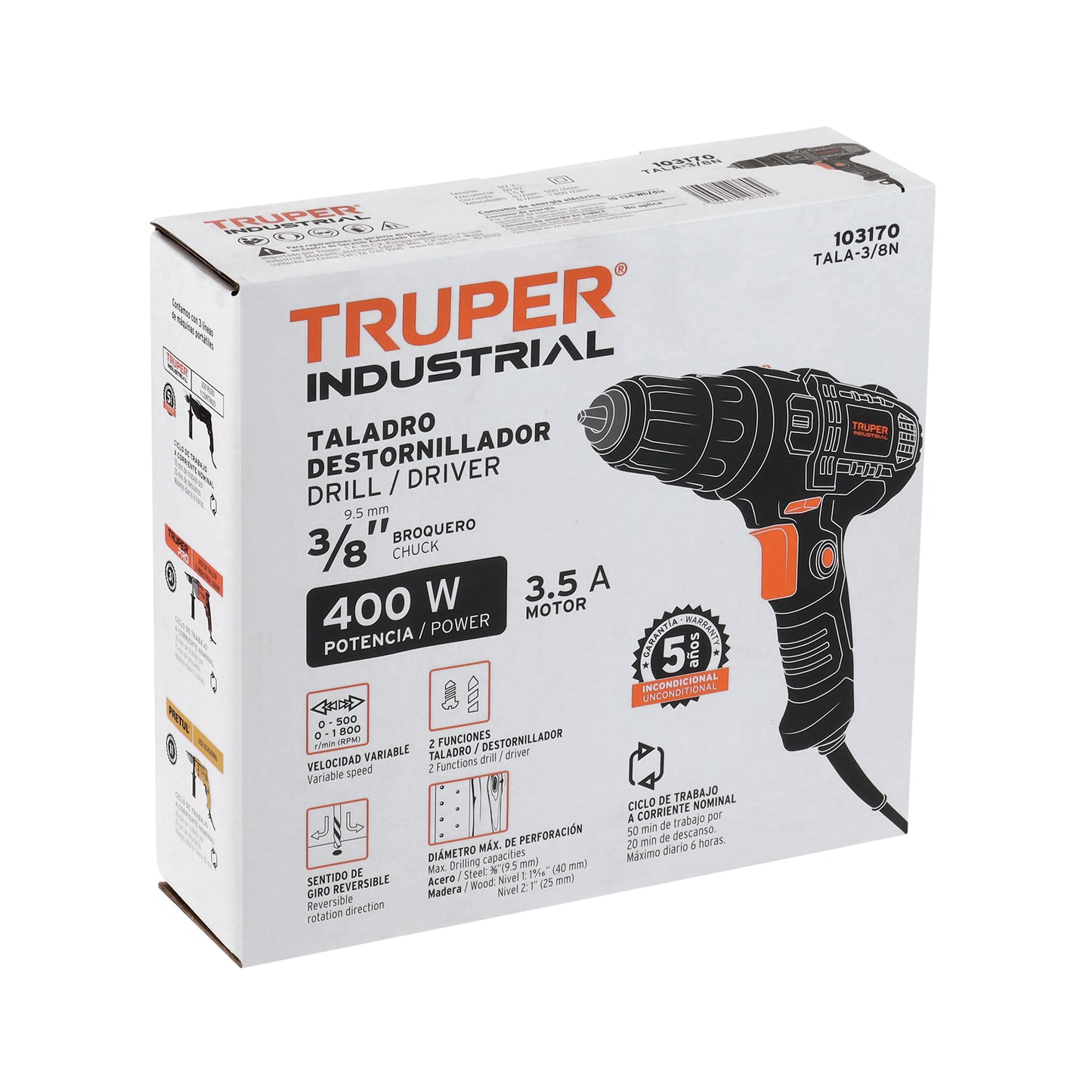 Taladro atornillador 3/8", 400W, TRUPER INDUSTRIAL