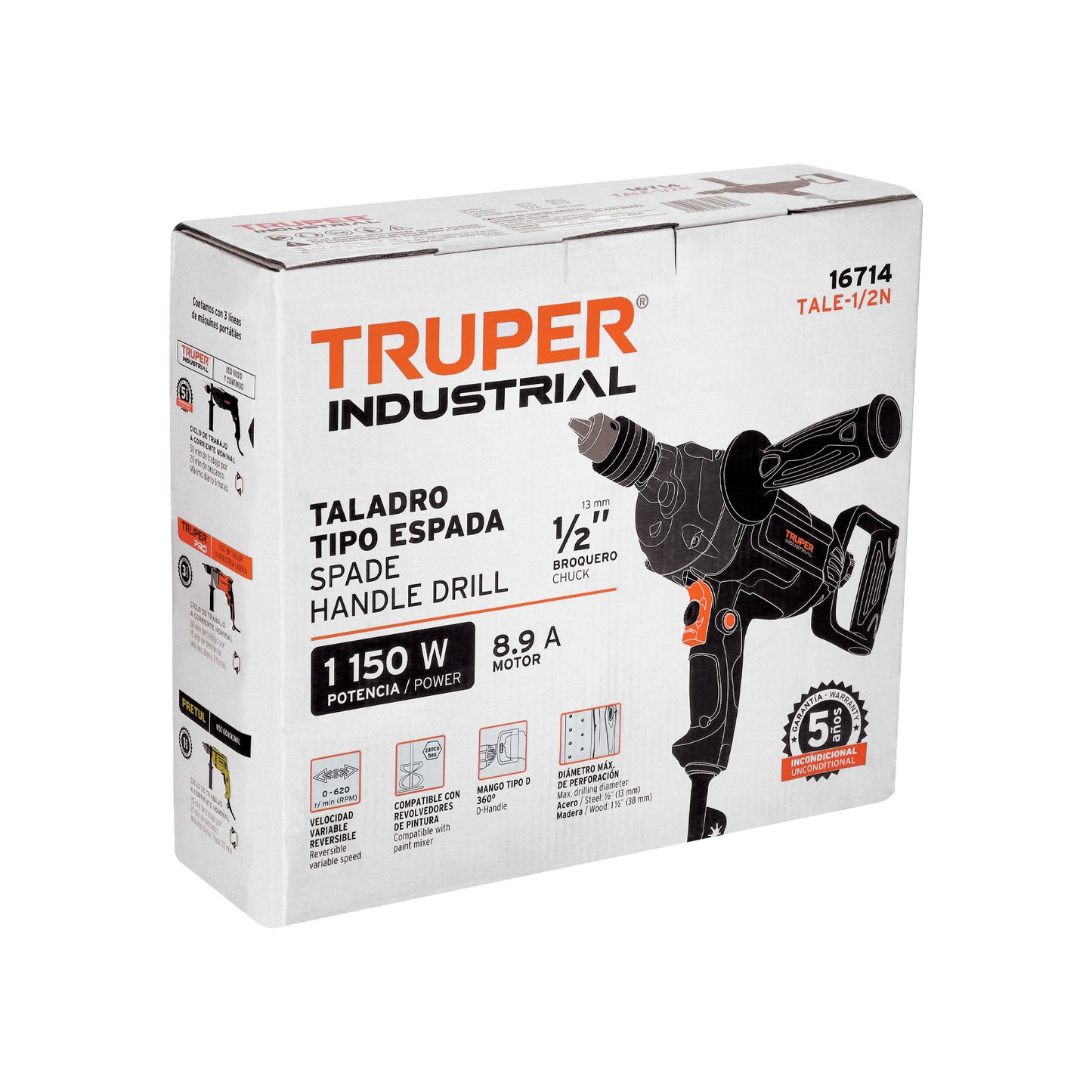 Taladro Mezclador Industrial TRUPER 1/2" 1150W - Solución Profesional para Mezcla de Pinturas, Mortero y Perforación en Acero - TALE-1/2N