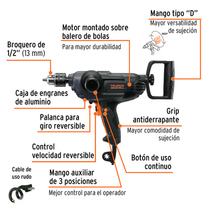 Taladro Mezclador Industrial TRUPER 1/2" 1150W - Solución Profesional para Mezcla de Pinturas, Mortero y Perforación en Acero - TALE-1/2N