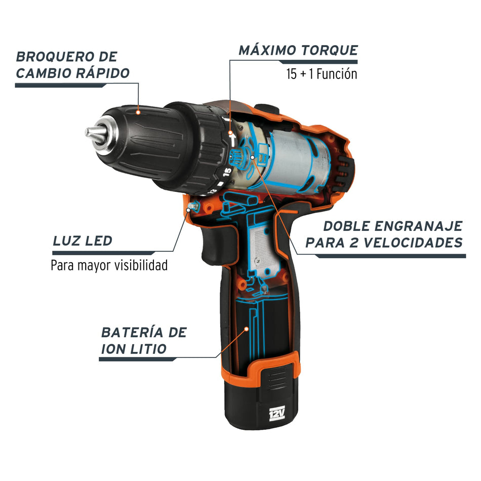 Taladro compacto inalámbrico 3/8", 12 V, Truper, Mecanica, Carpinteria, Construccion.