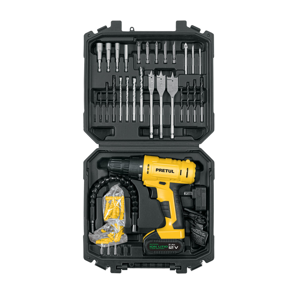 Kit Taladro Inalámbrico 3/8" 12V PRETUL TALI-12PK2 con 33 Accesorios y Estuche