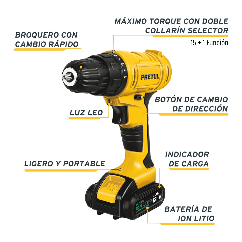 Kit taladro inalámbrico 3/8", 12 V, y accesorios en maleta