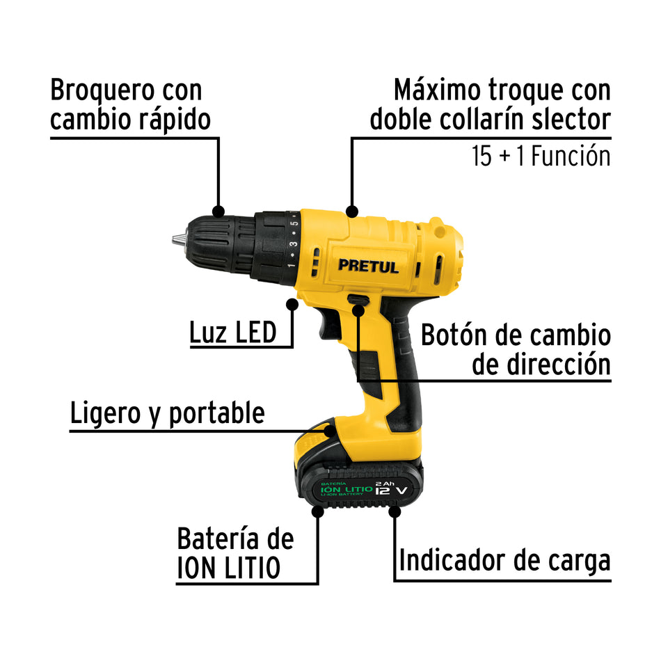 "Taladro Inalámbrico Premium PRETUL 12V 3/8" - Batería Recargable Profesional para Construcción y Carpintería"
