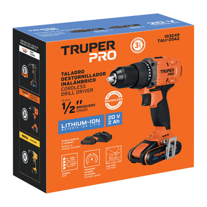 Taladro Inalámbrico 1/2 Pulgada 20V Brushless TRUPER PRO TALI-20A2 con Batería 2Ah - Motor Sin Carbones 2 Velocidades