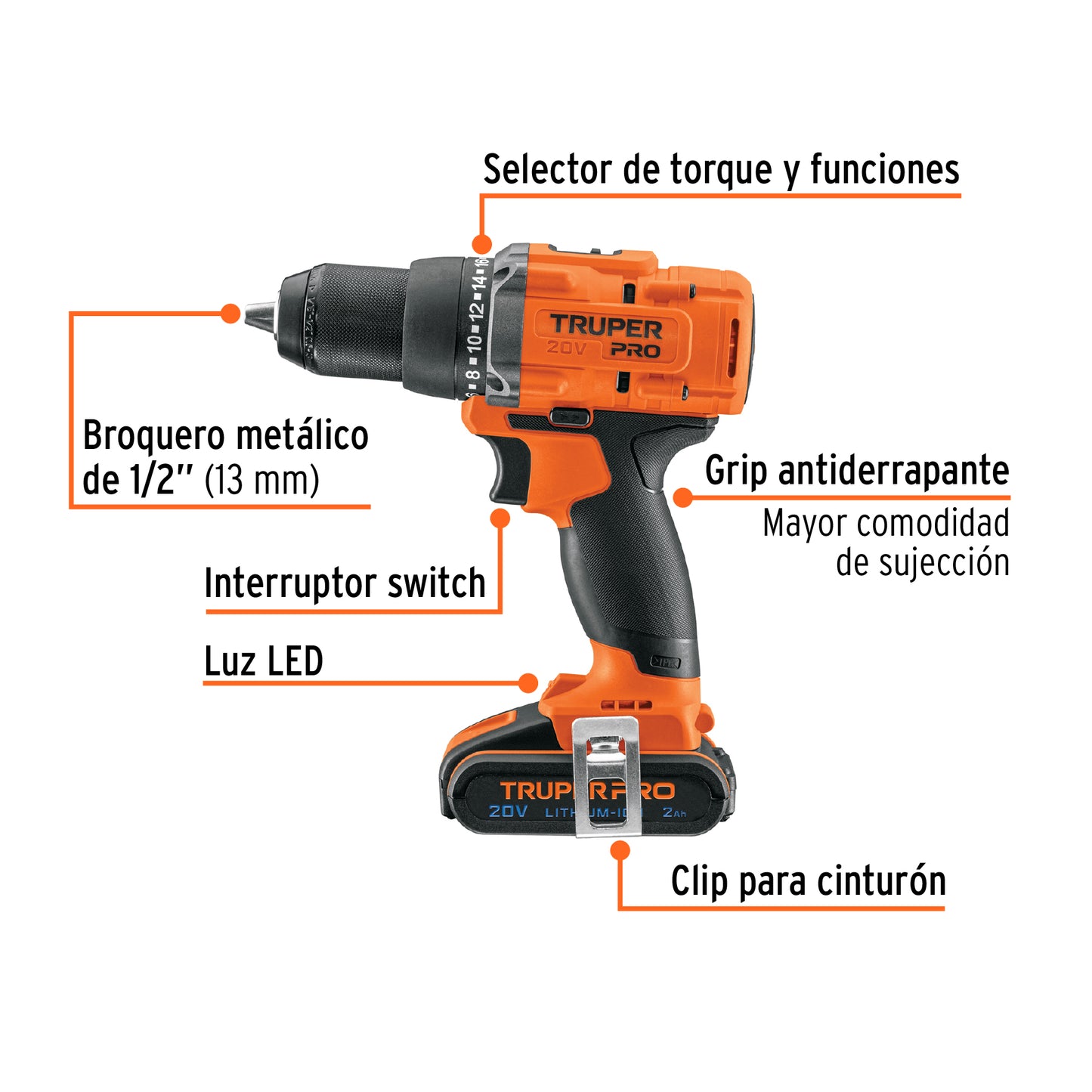 Taladro Inalámbrico 1/2 Pulgada 20V Brushless TRUPER PRO TALI-20A2 con Batería 2Ah - Motor Sin Carbones 2 Velocidades