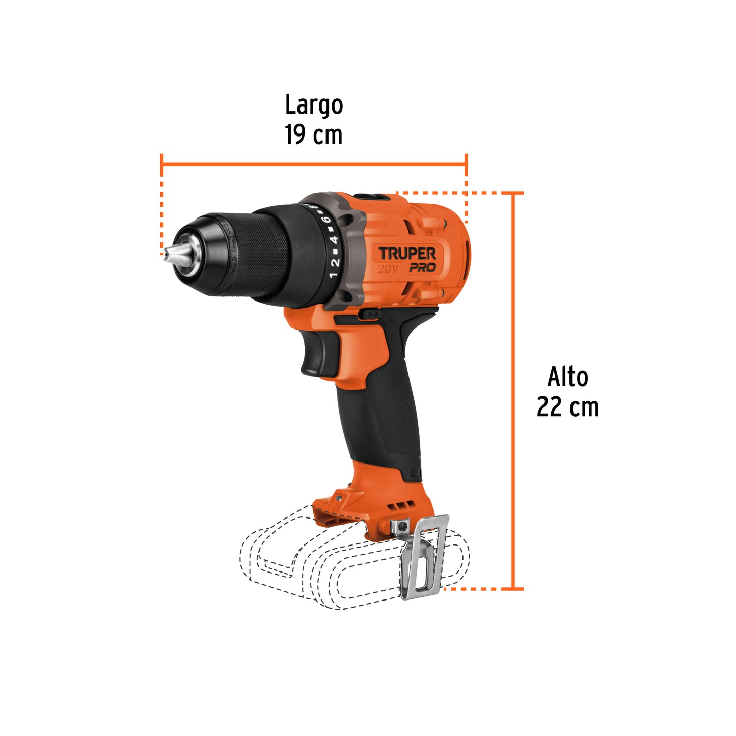 Taladro/destornillador 1/2", 20V, sin accesorios, TRUPER PRO