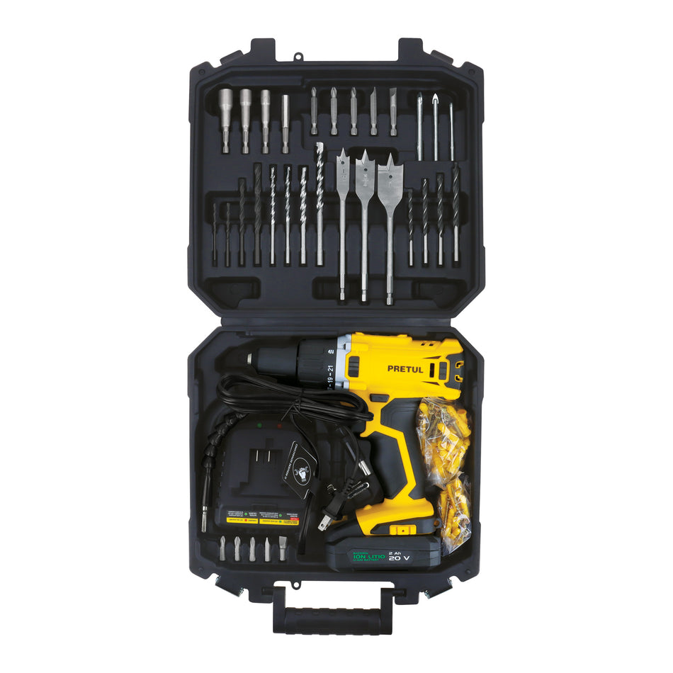 Kit Taladro Inalámbrico 1/2" 20V PRETUL con 32 Accesorios y Batería 2Ah - Herramienta Profesional