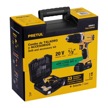 Kit Taladro Inalámbrico 1/2" 20V PRETUL con 32 Accesorios y Batería 2Ah - Herramienta Profesional