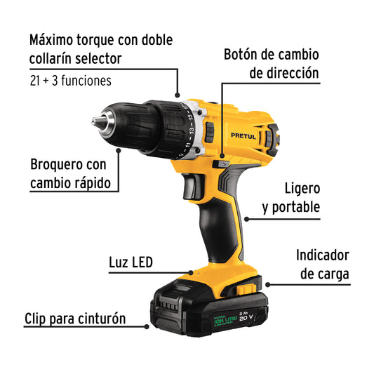 Kit Taladro Inalámbrico 1/2" 20V PRETUL con 32 Accesorios y Batería 2Ah - Herramienta Profesional