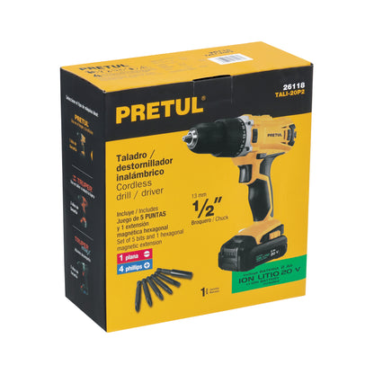 Taladro Inalámbrico PRETUL 1/2" 20V con Batería Ion Litio 2Ah - 2 Velocidades y 21 Niveles de Torque