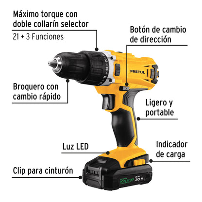 Taladro Inalámbrico PRETUL 1/2" 20V con Batería Ion Litio 2Ah - 2 Velocidades y 21 Niveles de Torque