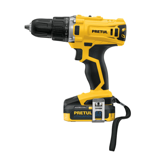 Taladro Inalámbrico PRETUL 1/2" 20V con Batería Ion Litio 2Ah - 2 Velocidades y 21 Niveles de Torque