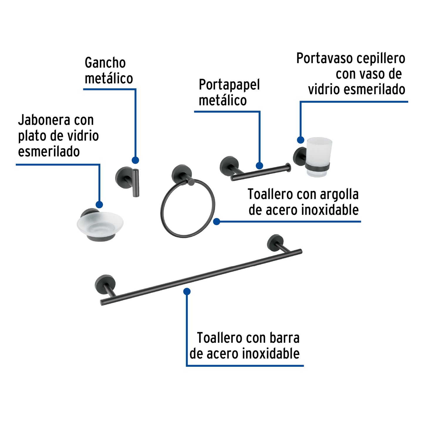Juego Completo 6 Accesorios Baño Negro FOSET TÚBIG TBA-7000M - Solución Profesional Organización Baño Acero Inoxidable Semiempotrar