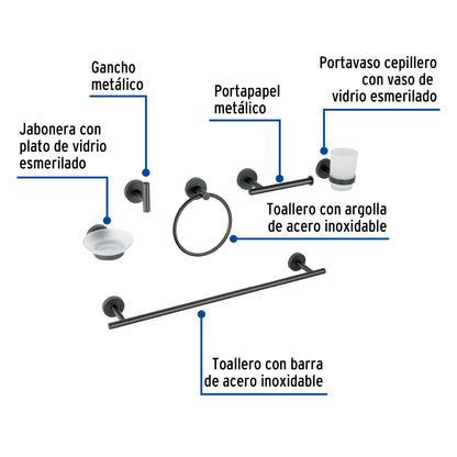 Juego Completo 6 Accesorios Baño Negro FOSET TÚBIG TBA-7000M - Solución Profesional Organización Baño Acero Inoxidable Semiempotrar
