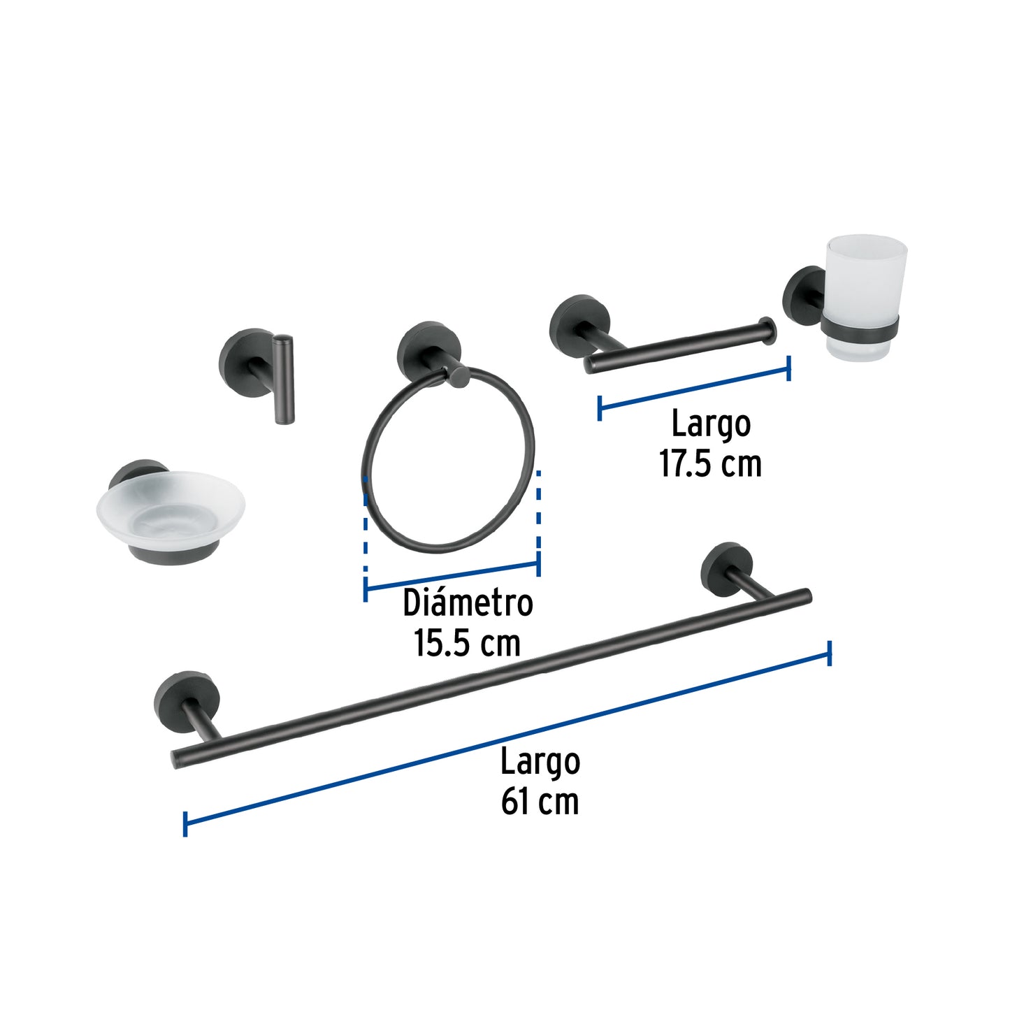 Juego Completo 6 Accesorios Baño Negro FOSET TÚBIG TBA-7000M - Solución Profesional Organización Baño Acero Inoxidable Semiempotrar