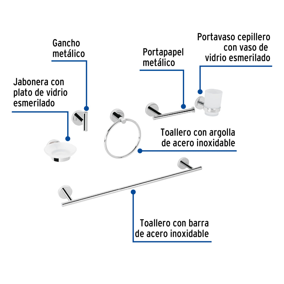 Juego de 6 accesorios para baño acabado cromo, Foset Tubig