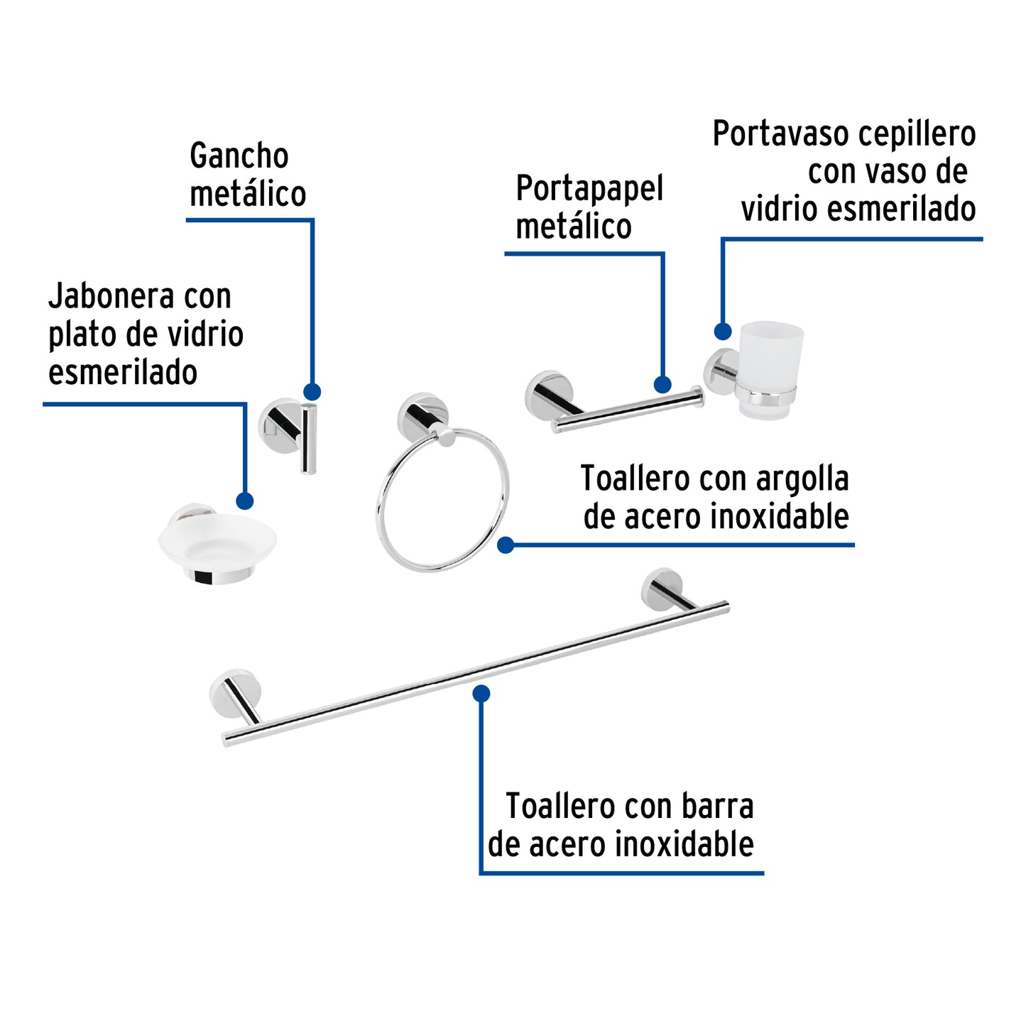 Juego Completo 6 Accesorios para Baño FOSET TÚBIG TBA-7000 - Acabado Cromo Acero Inoxidable con Sistema Semiempotrado - Solución Integral para Organización y Funcionalidad del Baño