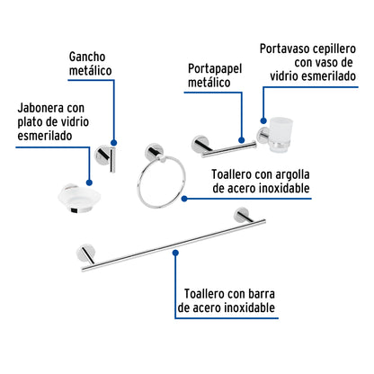Juego Completo 6 Accesorios para Baño FOSET TÚBIG TBA-7000 - Acabado Cromo Acero Inoxidable con Sistema Semiempotrado - Solución Integral para Organización y Funcionalidad del Baño