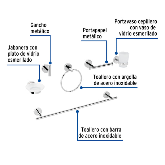Juego Completo 6 Accesorios para Baño FOSET TÚBIG TBA-7000 - Acabado Cromo Acero Inoxidable con Sistema Semiempotrado - Solución Integral para Organización y Funcionalidad del Baño