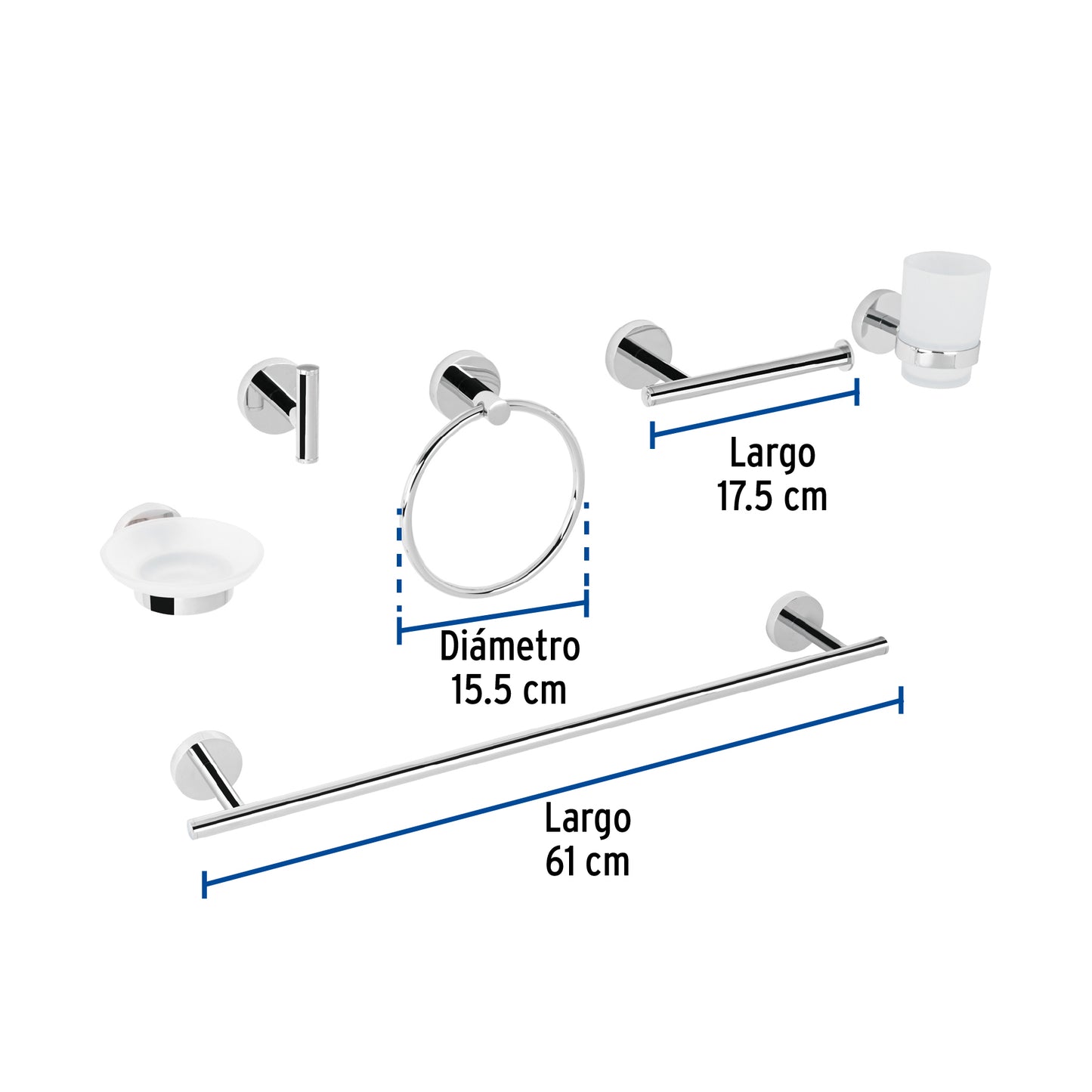 Juego Completo 6 Accesorios para Baño FOSET TÚBIG TBA-7000 - Acabado Cromo Acero Inoxidable con Sistema Semiempotrado - Solución Integral para Organización y Funcionalidad del Baño