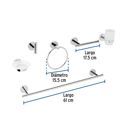 Juego Completo 6 Accesorios para Baño FOSET TÚBIG TBA-7000 - Acabado Cromo Acero Inoxidable con Sistema Semiempotrado - Solución Integral para Organización y Funcionalidad del Baño