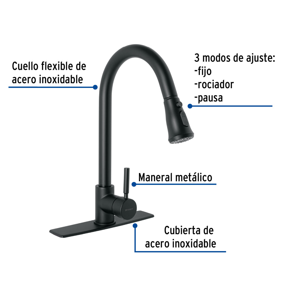 Monomando para fregadero,cuello extraible,negro mate,Tubig, Llave, Tarja, Cocina