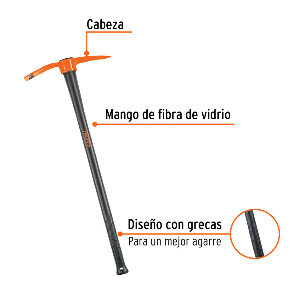 Talacho-Pico 2.5 lb Truper TP-2.5M - Herramienta Excavación Suelo Duro y Demolición Rocas - Mango Fibra Vidrio 36 Pulgadas