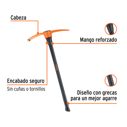 Talacho Pico 4 lb Mango Fibra de Vidrio 36" Truper TP-4M - Herramienta Profesional para Excavación en Suelo Duro y Ruptura de Superficies Rocosas - Cabeza Forjada Acero Carbono