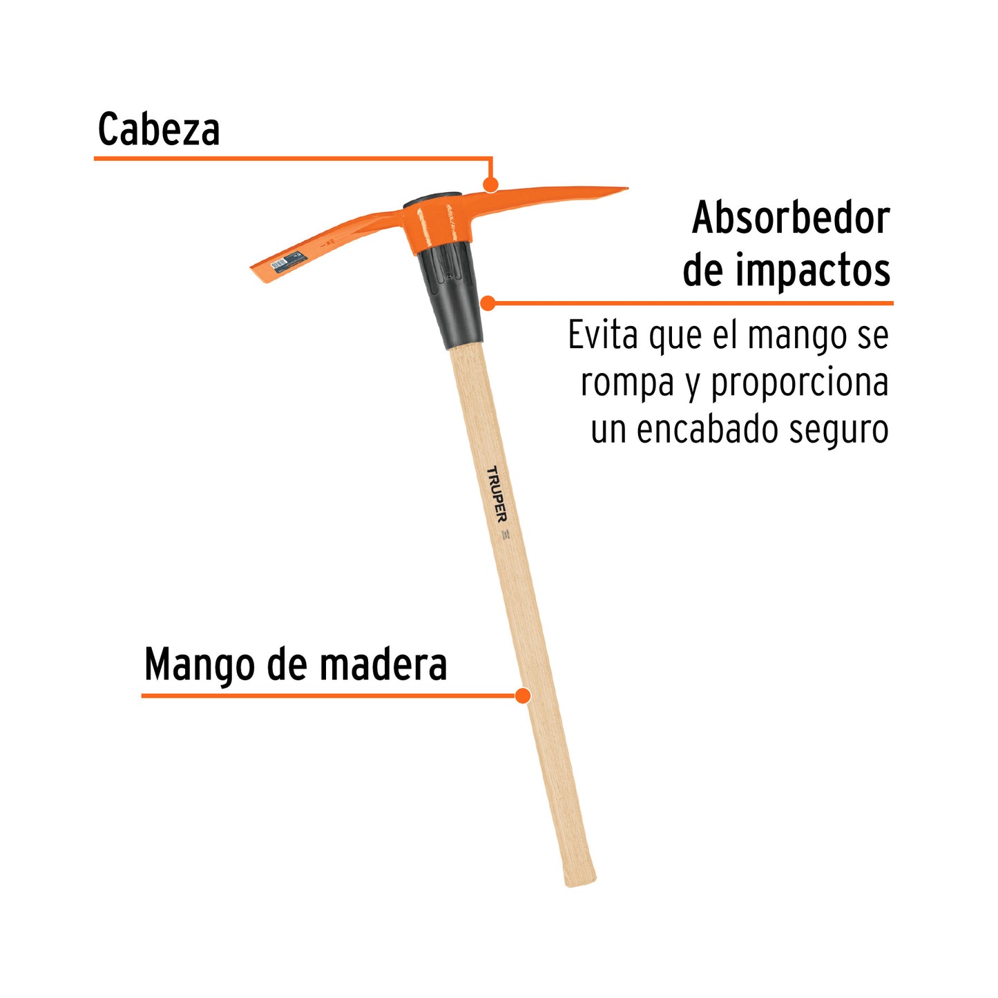Talacho-Pico Truper 5 lb Mango Madera 36" - Herramienta Excavación Suelo Duro y Demolición Rocas TP-5MM