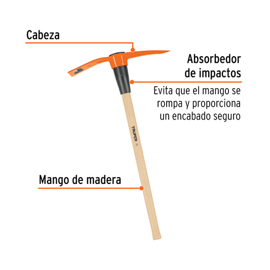 Talacho-Pico Truper 5 lb Mango Madera 36" - Herramienta Excavación Suelo Duro y Demolición Rocas TP-5MM