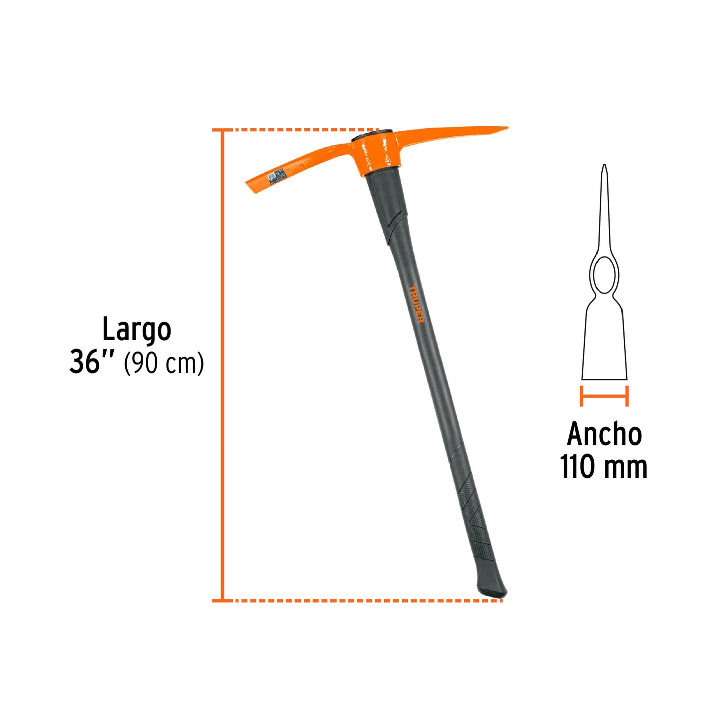 Talacho-Pico Truper 5 lb Mango Fibra Vidrio 36" - Herramienta Profesional para Excavación Suelo Duro y Demolición Superficies Rocosas TP-5M