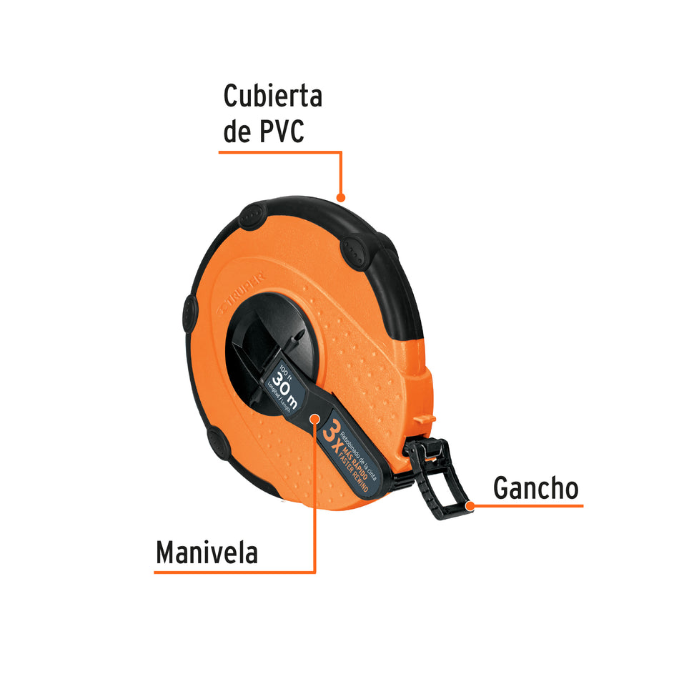 Cinta métrica larga 30 m fibra de vidrio, carcasa plástica