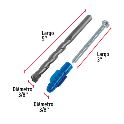Kit de 20 taquetes 3/8" con pijas #12 y 1 broca 3/8", Fiero