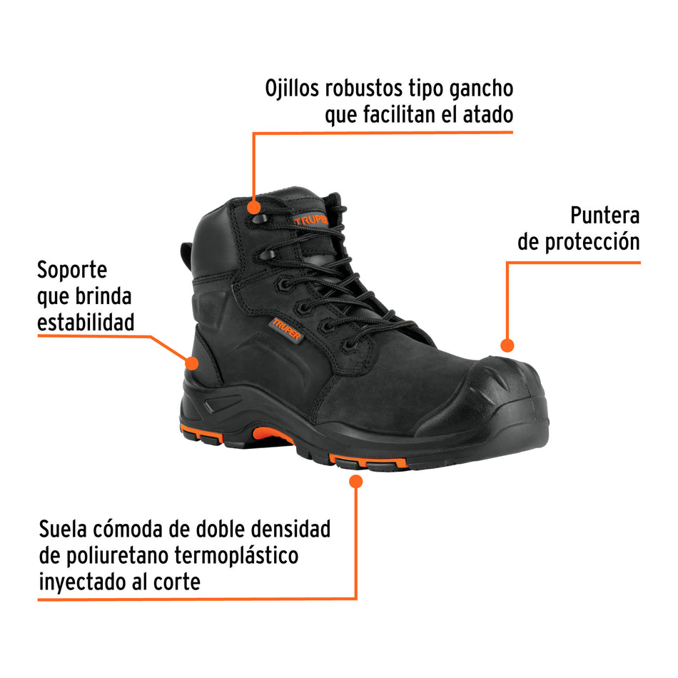 Bota de Seguridad Dieléctrica Antifatiga Truper ZC-429N #29 - Protección Profesional contra Riesgos Eléctricos y Fatiga Laboral - Piel Resistente a Aceites