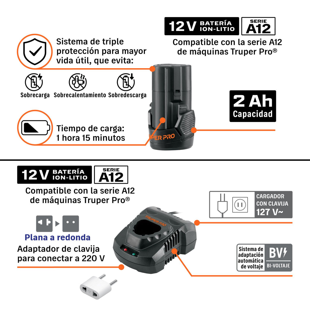Batería de ion litio de 12 V y 2 Ah con triple protección y cargador bivoltaje Truper Pro de la serie A12