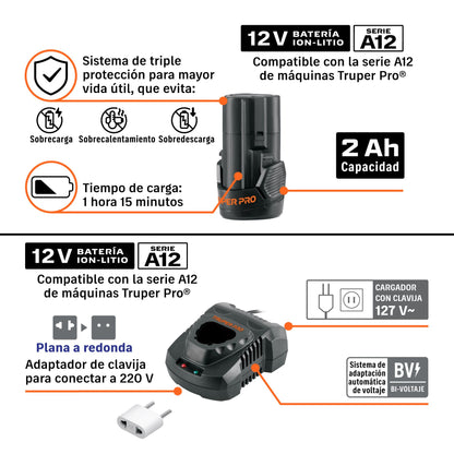 Batería de ion litio de 12 V y 2 Ah con triple protección y cargador bivoltaje Truper Pro de la serie A12