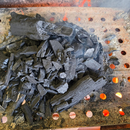 Carbón vegetal encendido en un asador, con brasas al rojo vivo