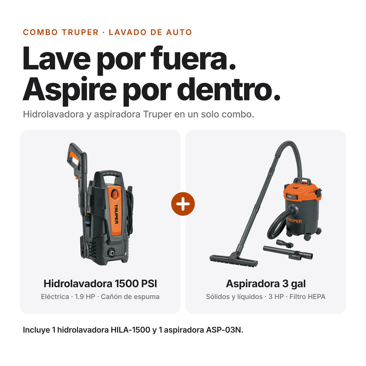Combo Truper para lavar el auto: hidrolavadora eléctrica de 1500 PSI y aspiradora de sólidos y líquidos de 3 galones