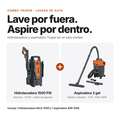 Combo Truper para lavar el auto: hidrolavadora eléctrica de 1500 PSI y aspiradora de sólidos y líquidos de 3 galones